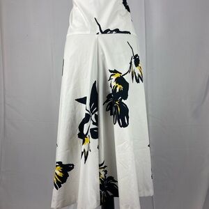Zara White A-Line Midi Skirt with Black and Yellow Floral Print